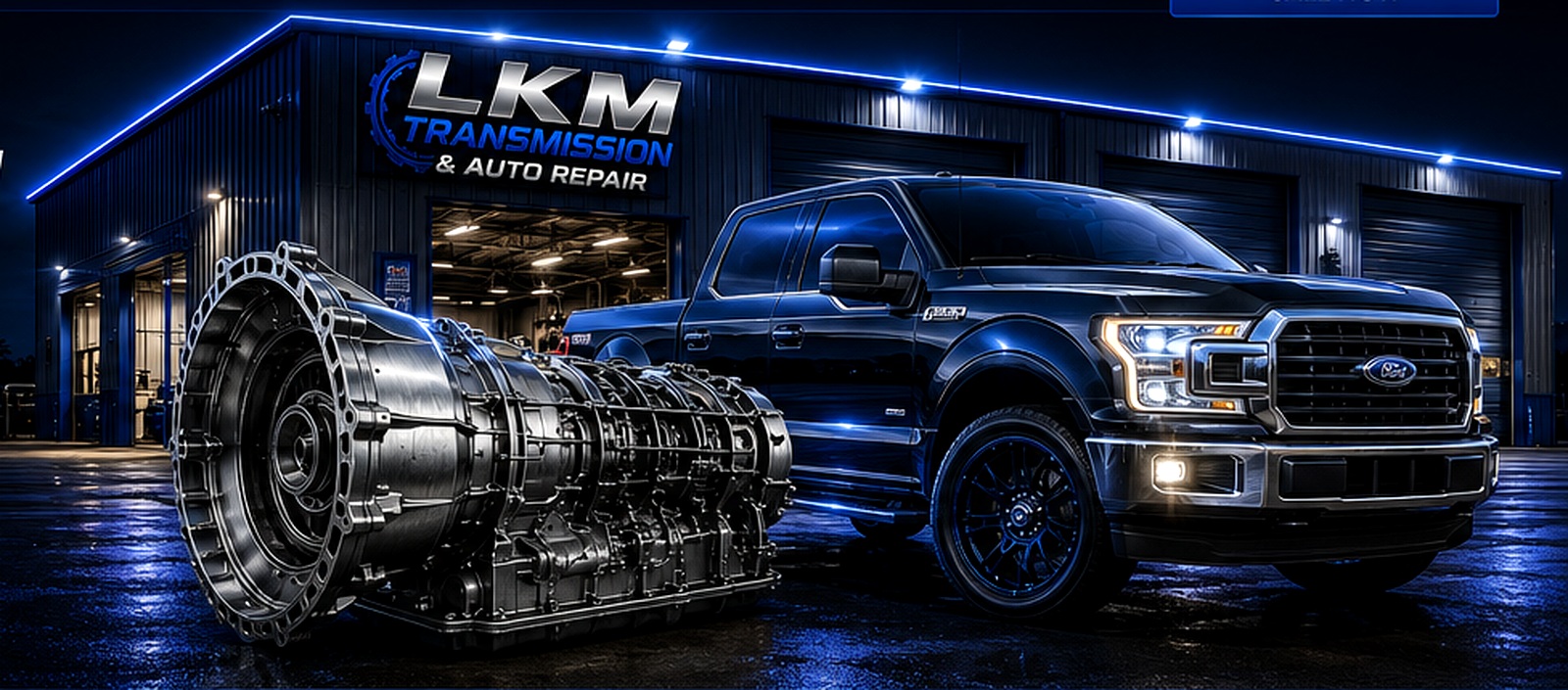 LKM transmission shop with pickup truck and transmission
